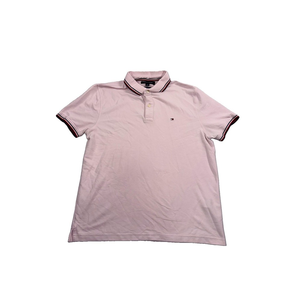 Tommy Hilfiger Mens Pink Short Sleeve Polo Shirt Large L Logo Regular Fit
